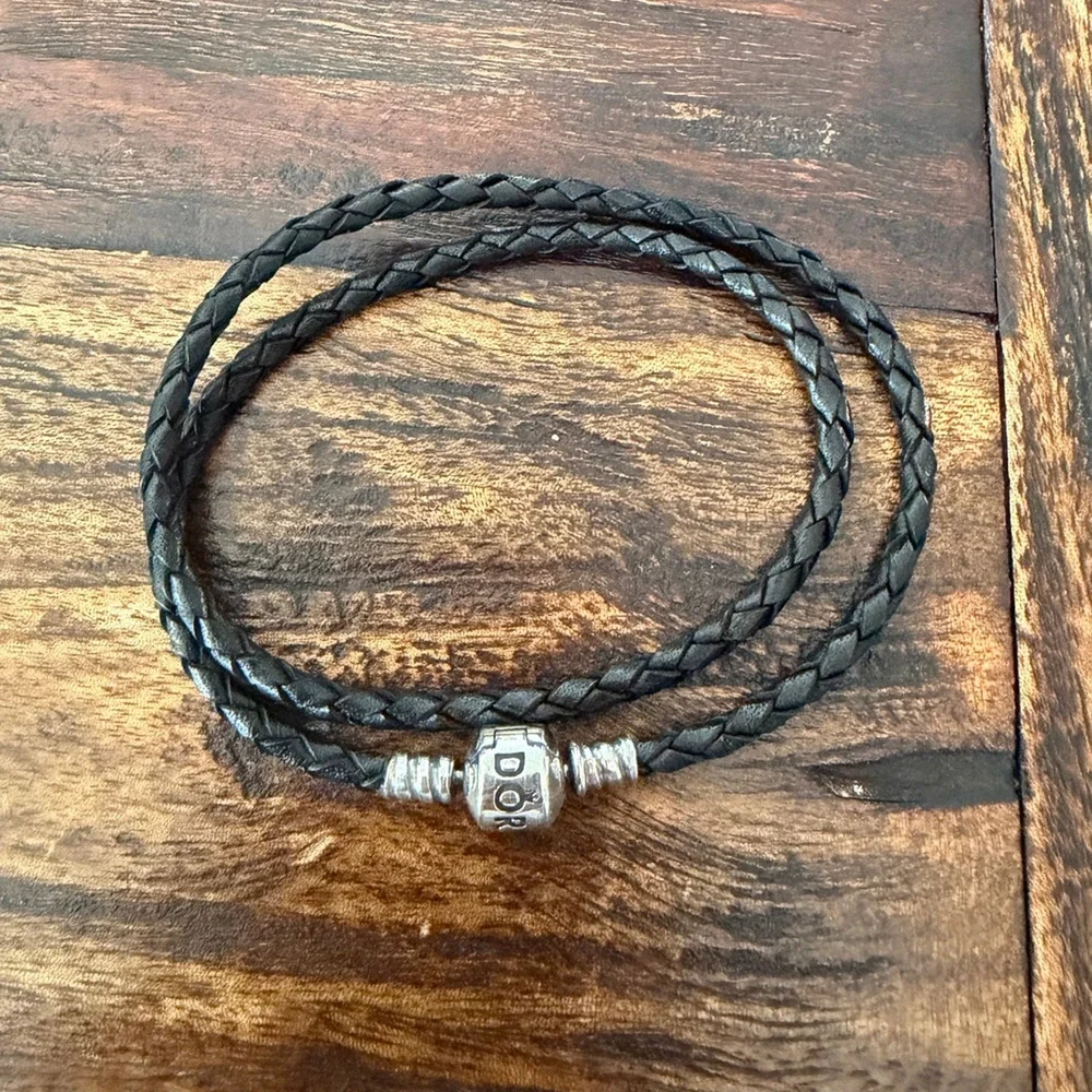 Pandora Moments Double Black  Leather and Silver Bracelet, 6 3/4